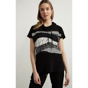 Joseph Ribkoff Abstract Print Black White Funnel Neck, Style 213608 US Size 12 L